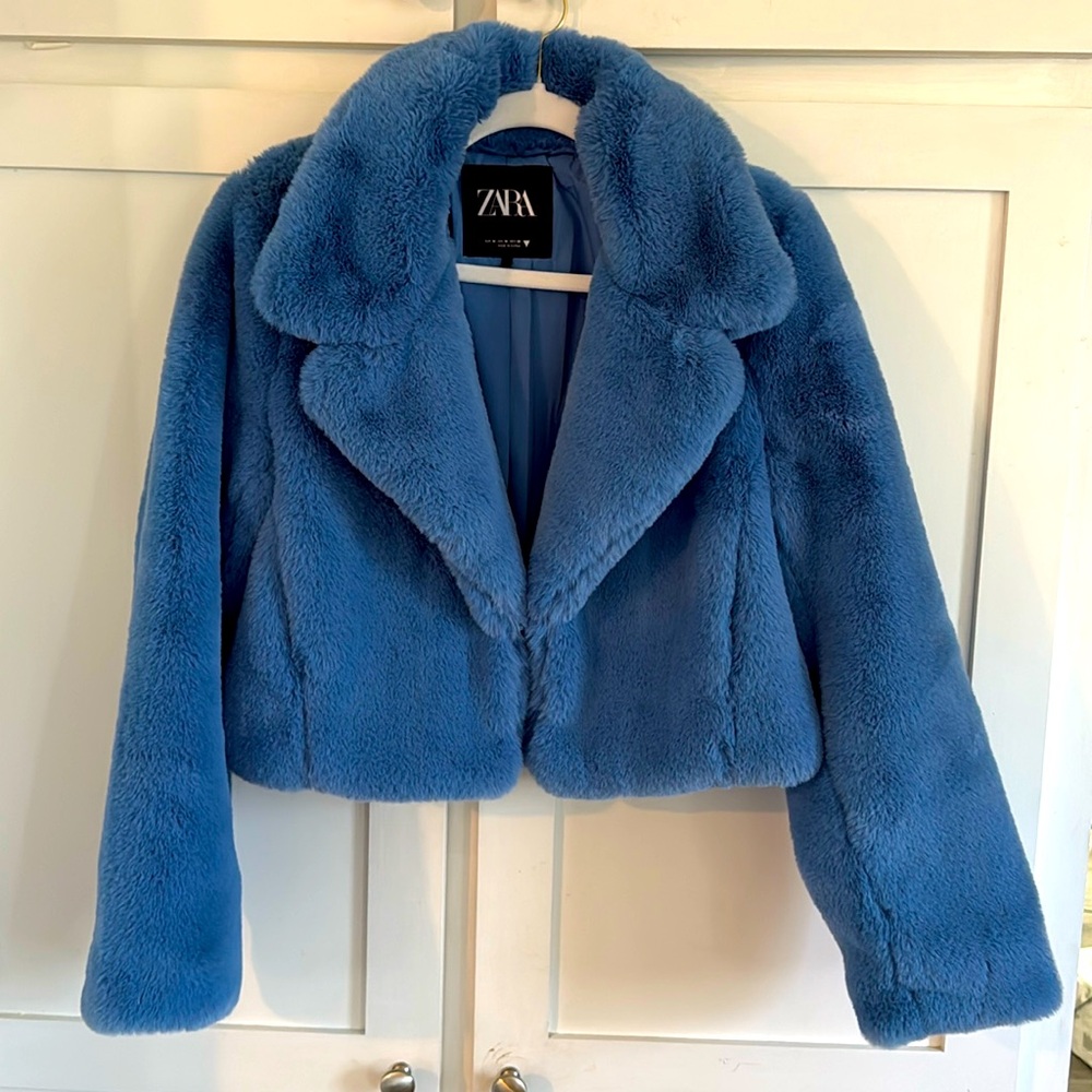 Zara Blue Faux-Fur Cropped Teddy Jacket